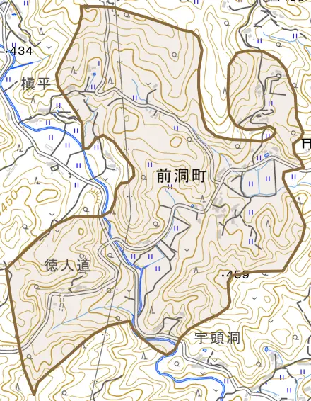 前洞町とその周辺の地図。町の範囲を重ねている