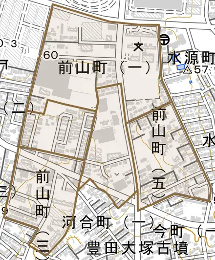 前山町とその周辺の地図。町の範囲を重ねている