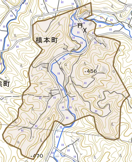 槙本町とその周辺の地図。町の範囲を重ねている