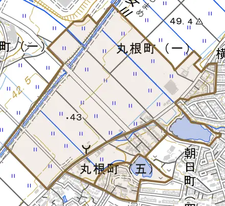 丸根町とその周辺の地図。町の範囲を重ねている