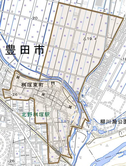 桝塚東町とその周辺の地図。町の範囲を重ねている