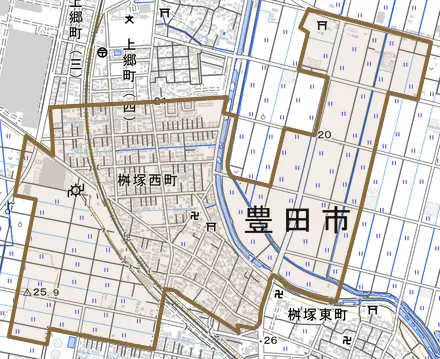 桝塚西町とその周辺の地図。町の範囲を重ねている