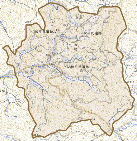 松平町とその周辺の地図。町の範囲を重ねている