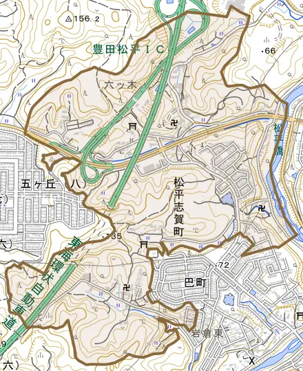 松平志賀町とその周辺の地図。町の範囲を重ねている
