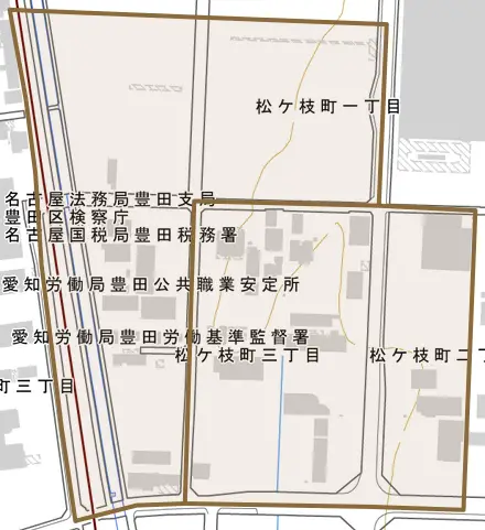 松ケ枝町とその周辺の地図。町の範囲を重ねている