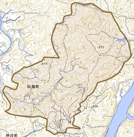 松嶺町とその周辺の地図。町の範囲を重ねている