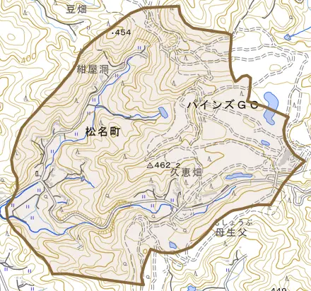 松名町とその周辺の地図。町の範囲を重ねている