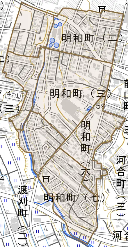 明和町とその周辺の地図。町の範囲を重ねている