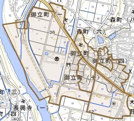 御立町とその周辺の地図。町の範囲を重ねている