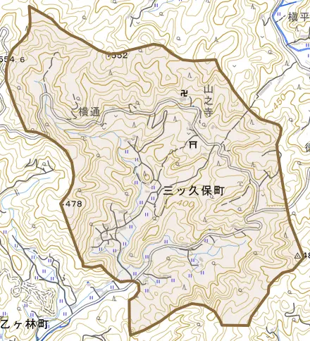 三ツ久保町とその周辺の地図。町の範囲を重ねている