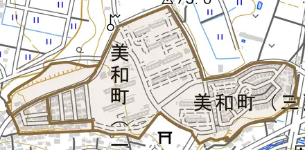 美和町とその周辺の地図。町の範囲を重ねている