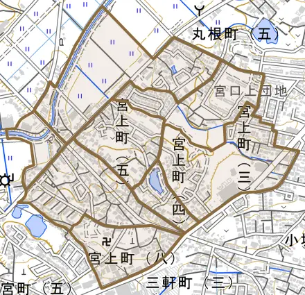 宮上町とその周辺の地図。町の範囲を重ねている