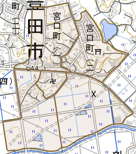 宮口町とその周辺の地図。町の範囲を重ねている
