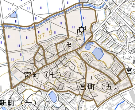 宮町とその周辺の地図。町の範囲を重ねている