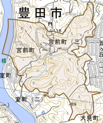 宮前町とその周辺の地図。町の範囲を重ねている