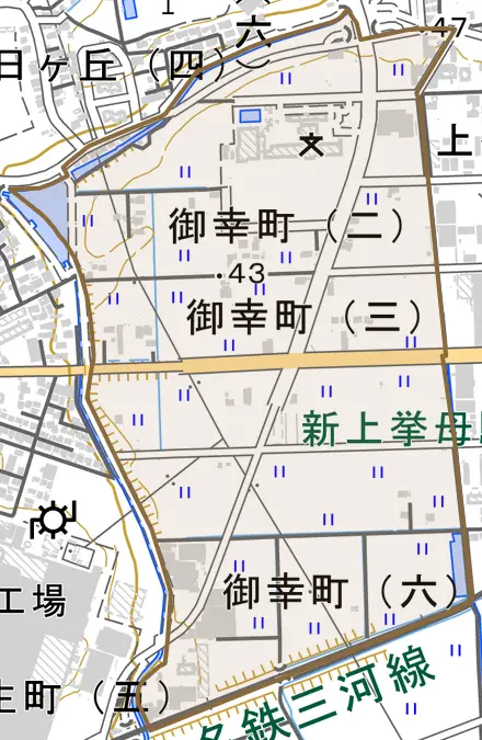 御幸町とその周辺の地図。町の範囲を重ねている