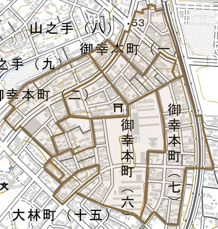 御幸本町とその周辺の地図。町の範囲を重ねている