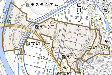 森町とその周辺の地図。町の範囲を重ねている