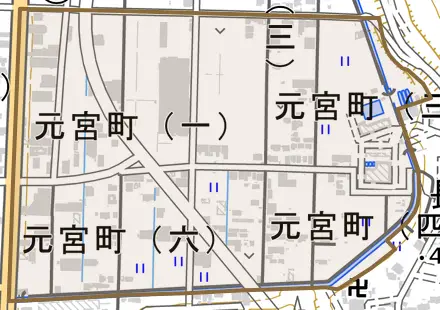 元宮町とその周辺の地図。町の範囲を重ねている