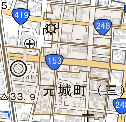 元城町とその周辺の地図。町の範囲を重ねている