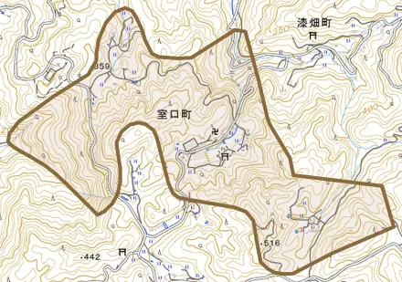 室口町とその周辺の地図。町の範囲を重ねている