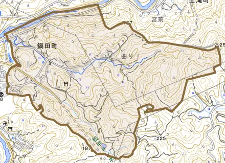 鍋田町とその周辺の地図。町の範囲を重ねている