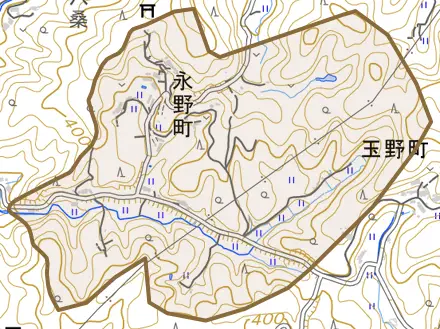 永野町とその周辺の地図。町の範囲を重ねている