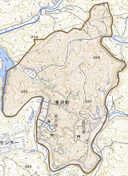 長沢町とその周辺の地図。町の範囲を重ねている