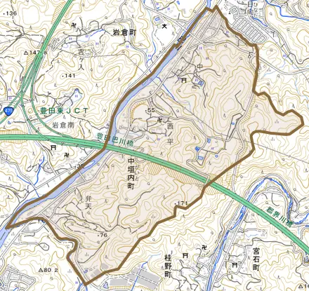 中垣内町とその周辺の地図。町の範囲を重ねている