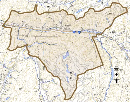 中金町とその周辺の地図。町の範囲を重ねている