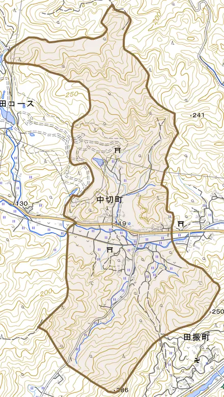 中切町とその周辺の地図。町の範囲を重ねている