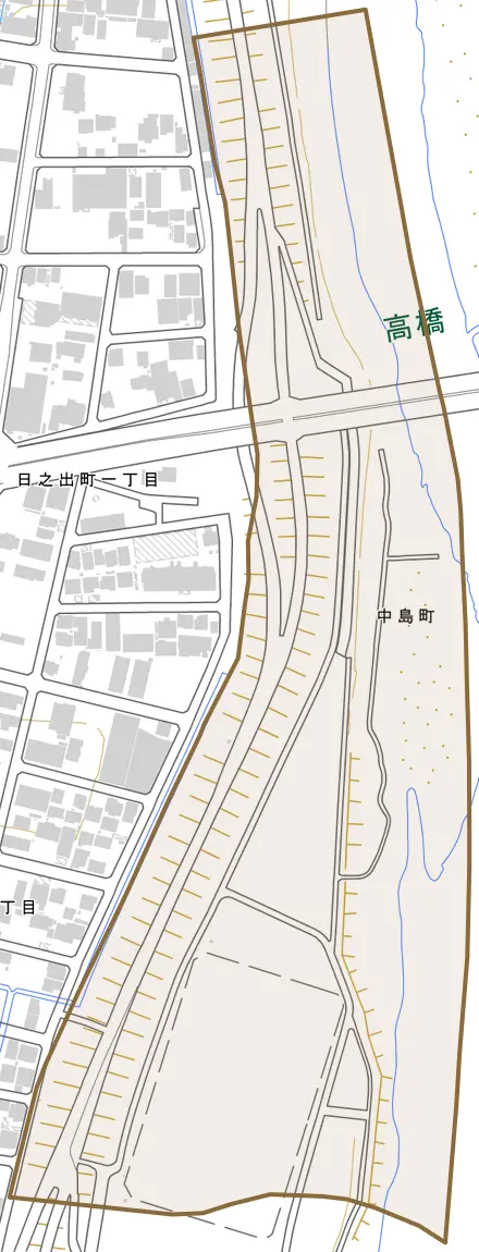 中島町とその周辺の地図。町の範囲を重ねている