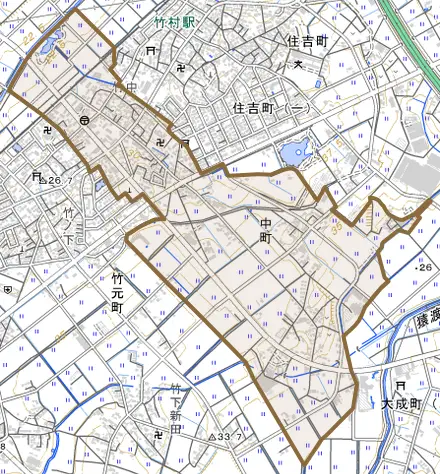 中町とその周辺の地図。町の範囲を重ねている