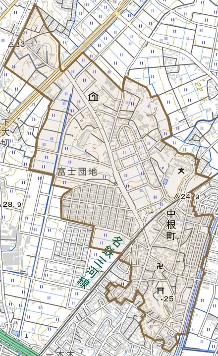中根町とその周辺の地図。町の範囲を重ねている