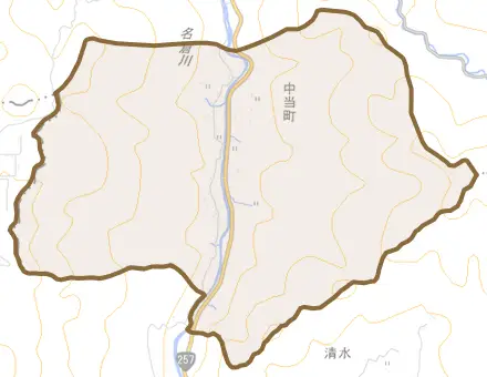 中当町とその周辺の地図。町の範囲を重ねている
