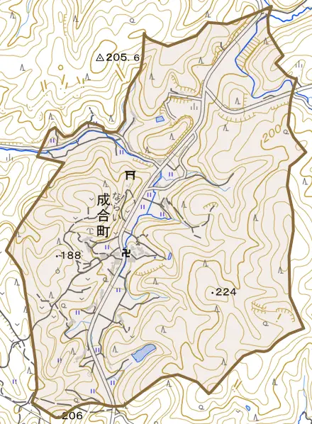 成合町とその周辺の地図。町の範囲を重ねている