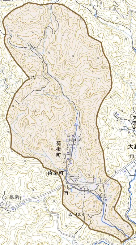 荷掛町とその周辺の地図。町の範囲を重ねている