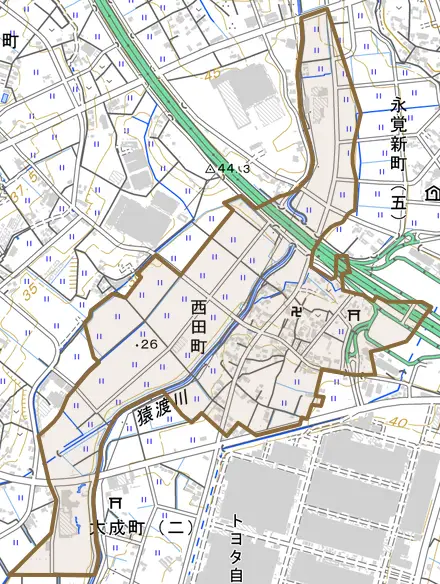 西田町とその周辺の地図。町の範囲を重ねている