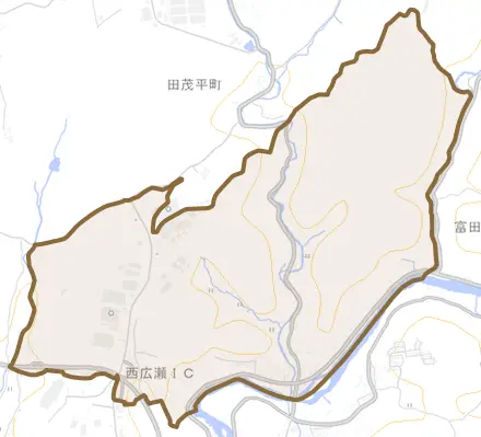 西広瀬町とその周辺の地図。町の範囲を重ねている