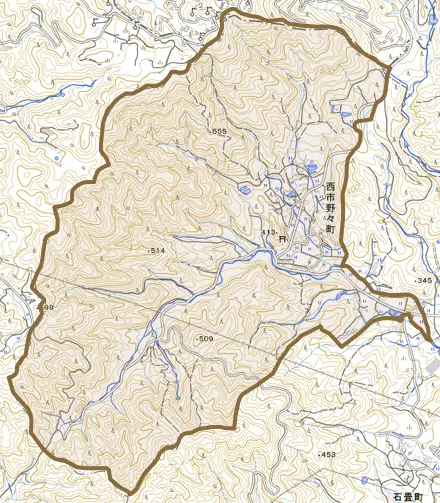 西市野々町とその周辺の地図。町の範囲を重ねている