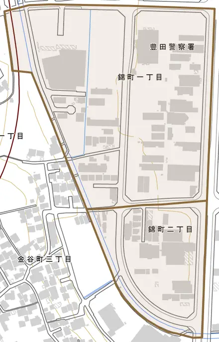 錦町とその周辺の地図。町の範囲を重ねている