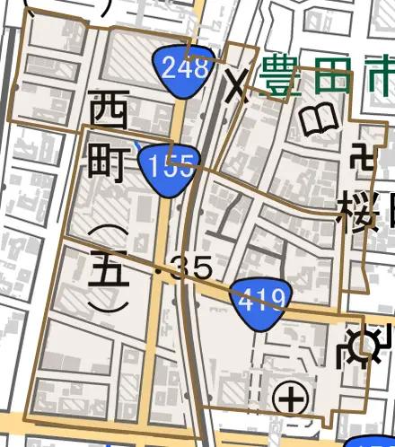 西町とその周辺の地図。町の範囲を重ねている