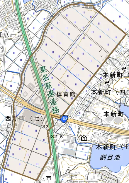 西新町とその周辺の地図。町の範囲を重ねている