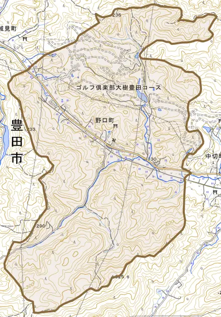 野口町とその周辺の地図。町の範囲を重ねている