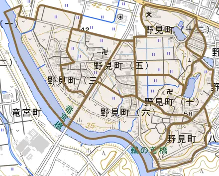 野見町とその周辺の地図。町の範囲を重ねている