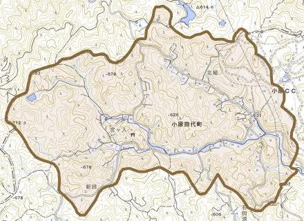 小原田代町とその周辺の地図。町の範囲を重ねている