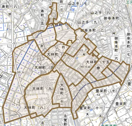 大林町とその周辺の地図。町の範囲を重ねている