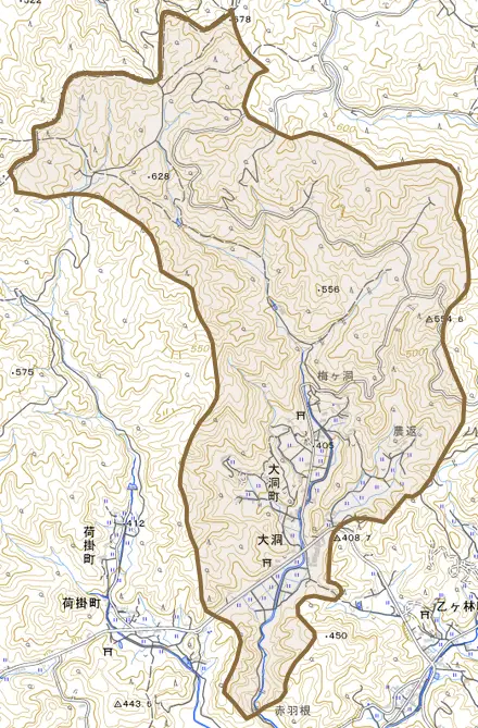 大洞町とその周辺の地図。町の範囲を重ねている