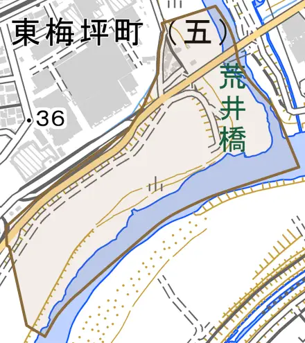 落合町とその周辺の地図。町の範囲を重ねている