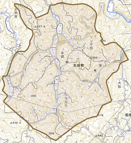 太田町とその周辺の地図。町の範囲を重ねている